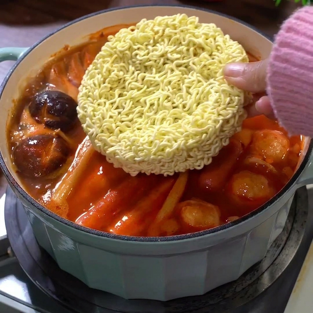 Un bloque seco de ramen instantáneo colocándose en el caldo rojo y burbujeante.