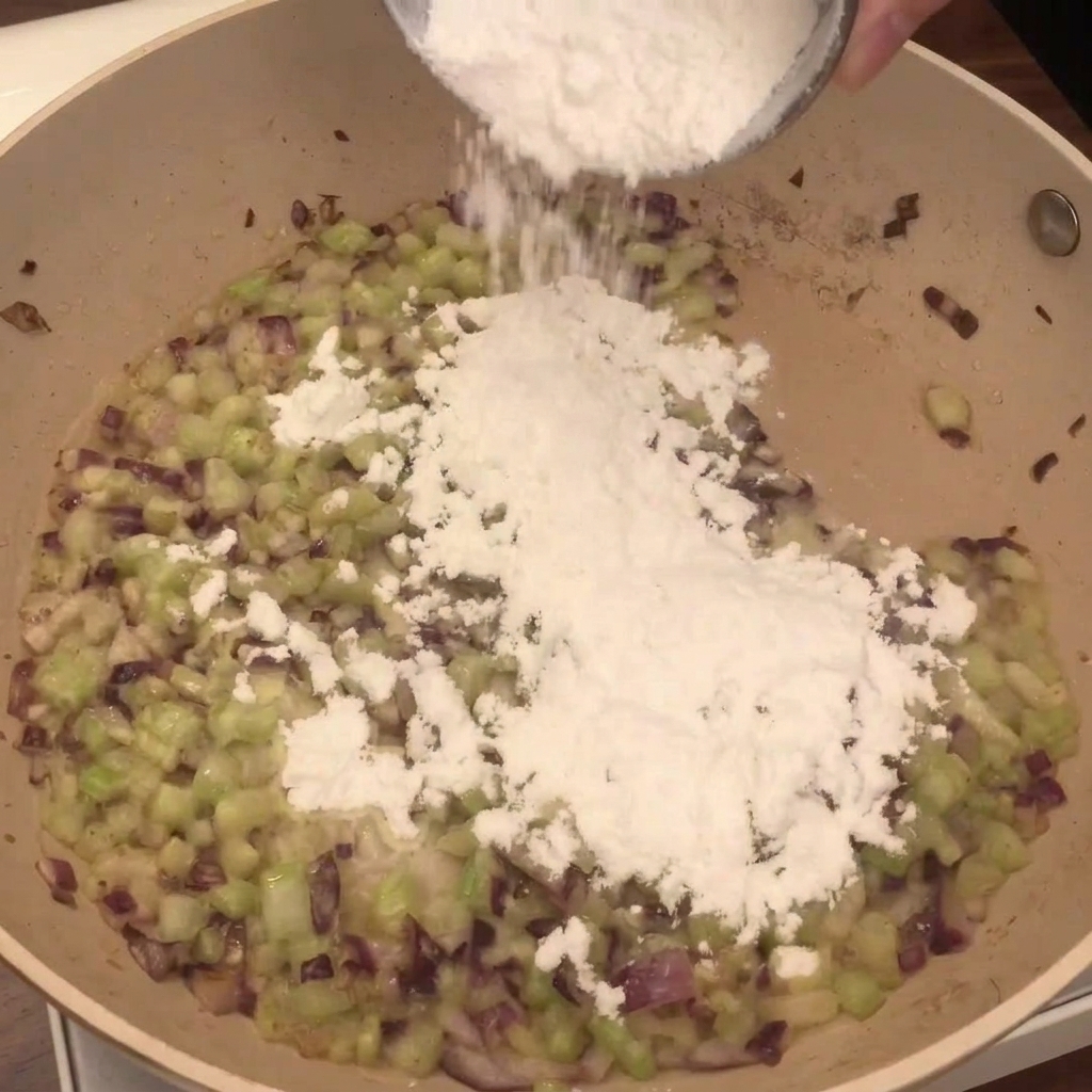 Líquido claro vertiéndose desde un bol hacia la sartén con las verduras sofritas.