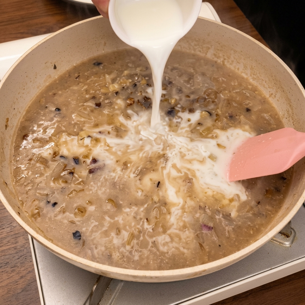 Leche arremolinándose en la base de la sopa espesa y a fuego lento.