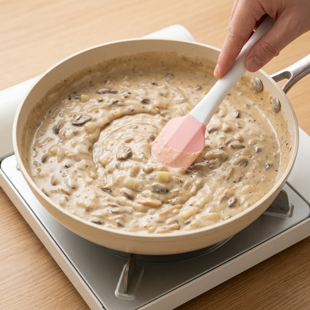 Crema para batir arremolinándose en el clam chowder a fuego lento.