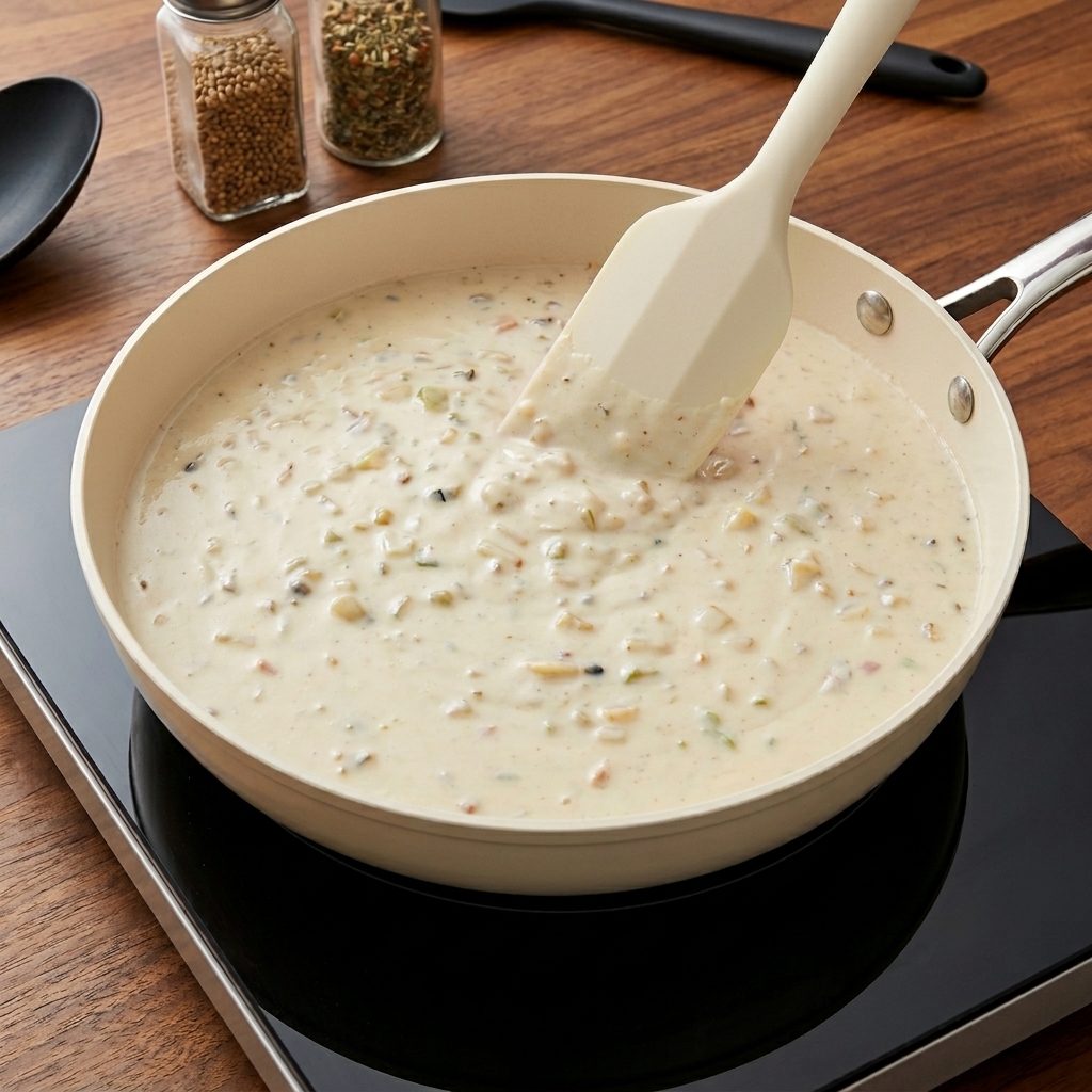 Vista de cerca de pimienta negra recién molida espolvoreándose en una sartén de clam chowder cremoso a fuego lento.