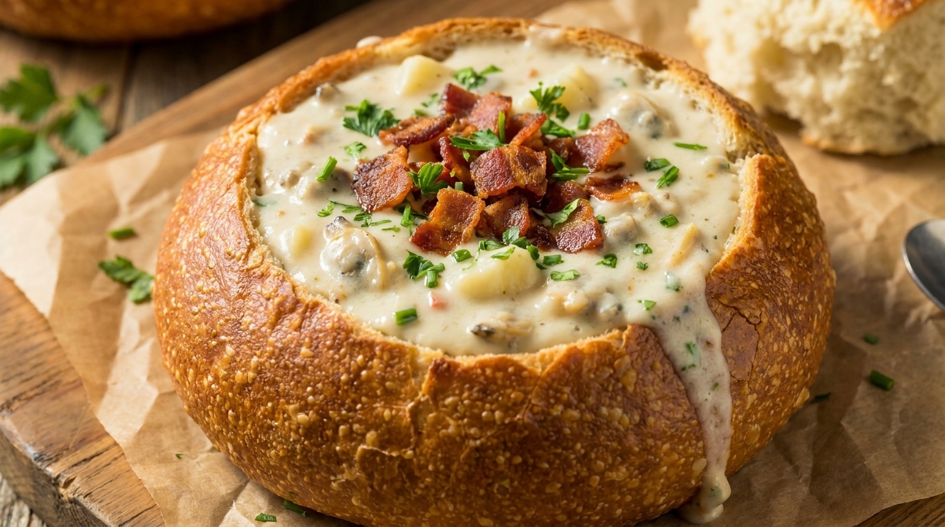 Clam Chowder Cremoso en Tazón de Pan Rústico