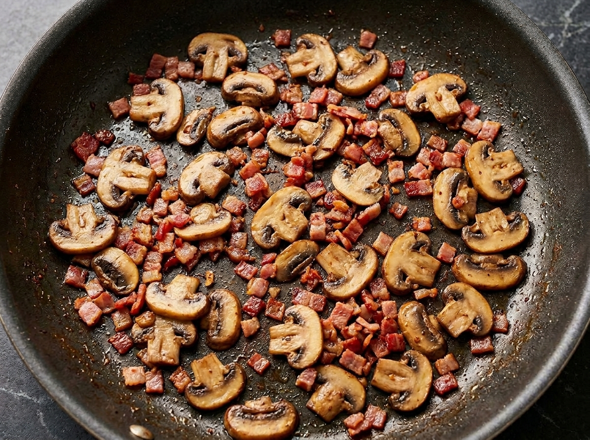 Almejas y cubos de papa cocidos siendo integrados al sartén con el tocino y champiñones.