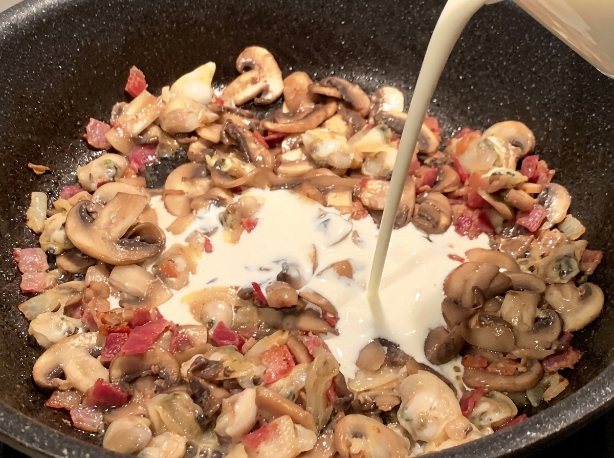 Crema de leche siendo vertida sobre la mezcla de almejas, tocino, champiñones y papas en el sartén.