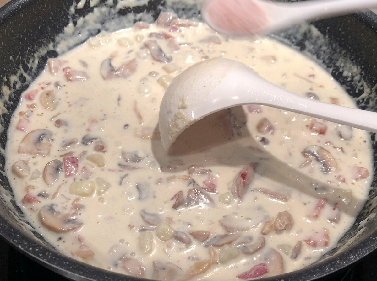 Una pizca de sal siendo añadida a la mezcla cremosa en el sartén.