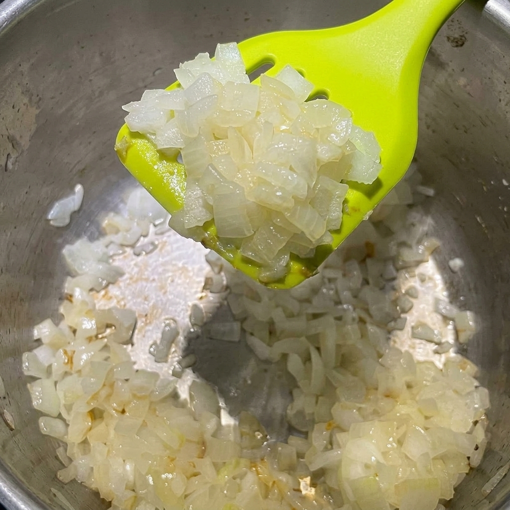 Cebollas blancas picadas salteándose en una olla con mantequilla derretida.