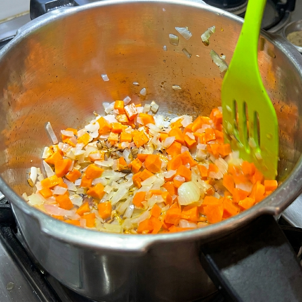 Zanahorias picadas siendo incorporadas a la olla con cebollas cocinadas.
