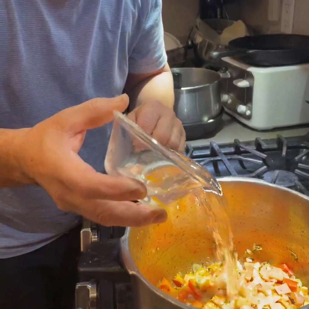 Agua siendo vertida en la olla con las cebollas y zanahorias cocinadas.