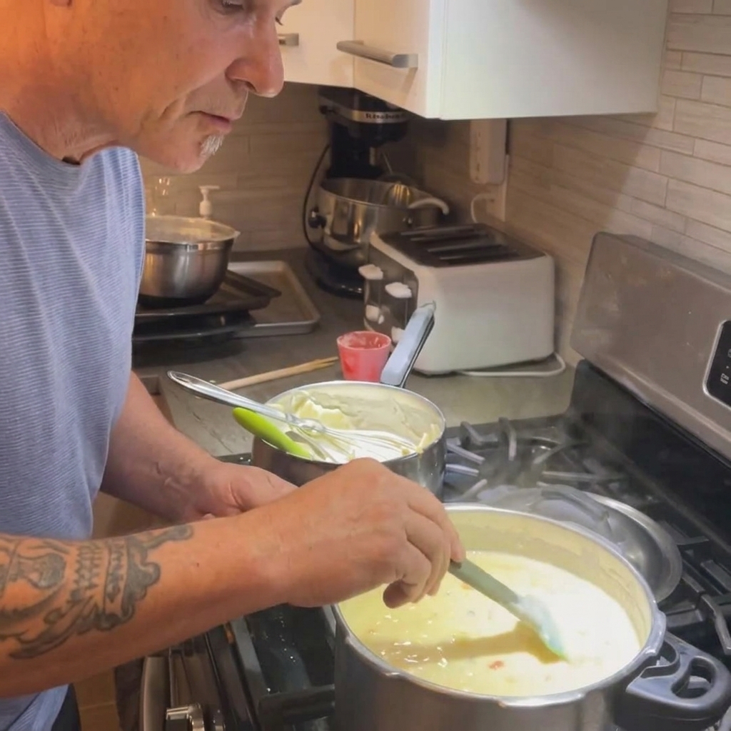 Un batidor mezclando harina y mantequilla derretida en una cacerola para formar un roux espeso.