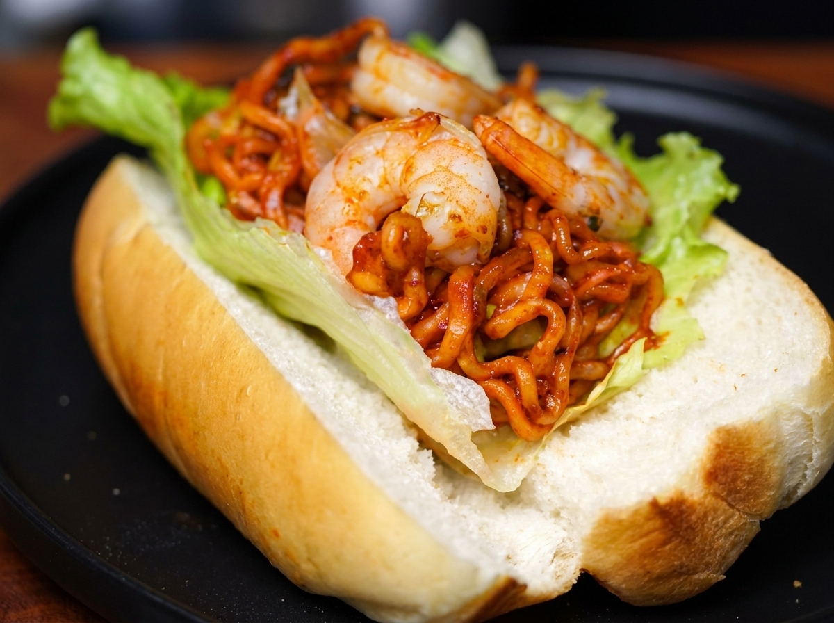 Gambas a la plancha colocadas sobre una cama de fideos dentro de un pan tostado, listas para el solomillo y los toques finales.