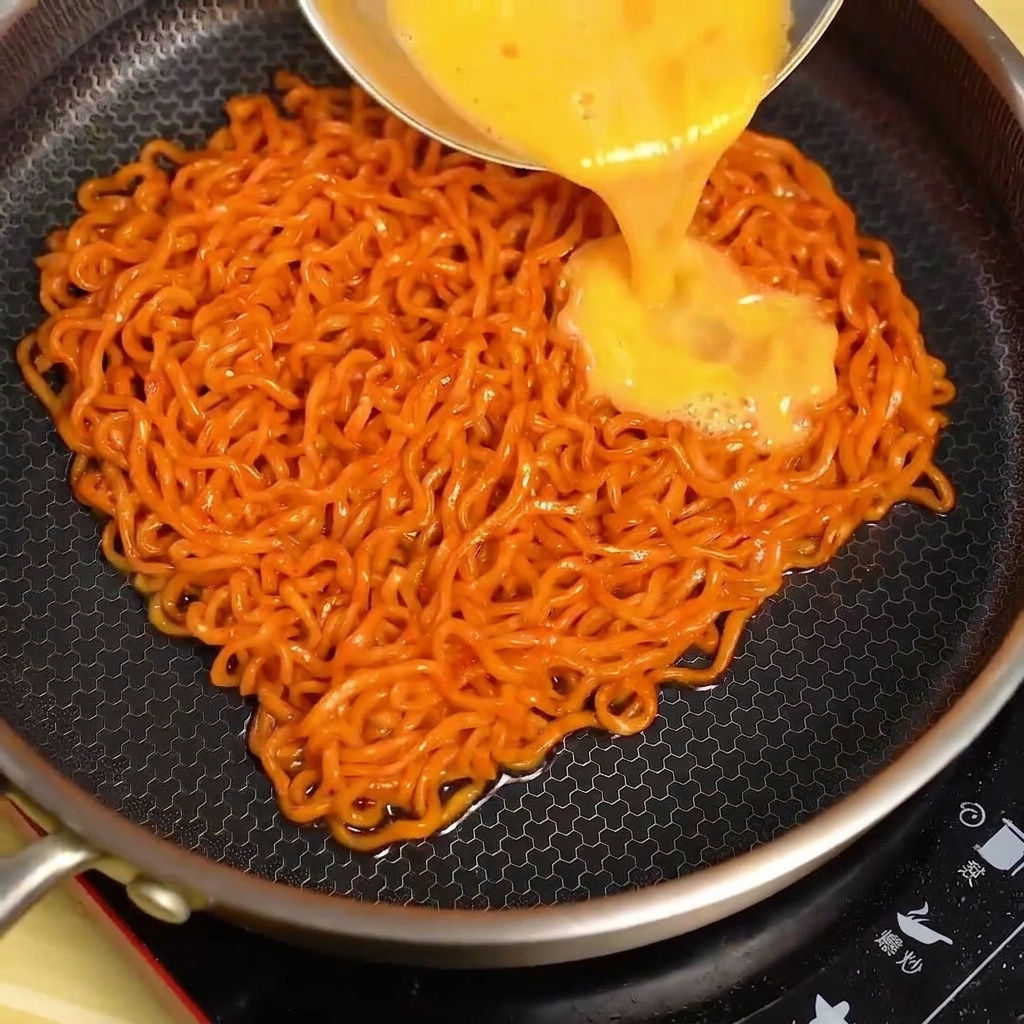Un chorro de mezcla de huevo batido siendo vertido sobre los fideos en la sartén.