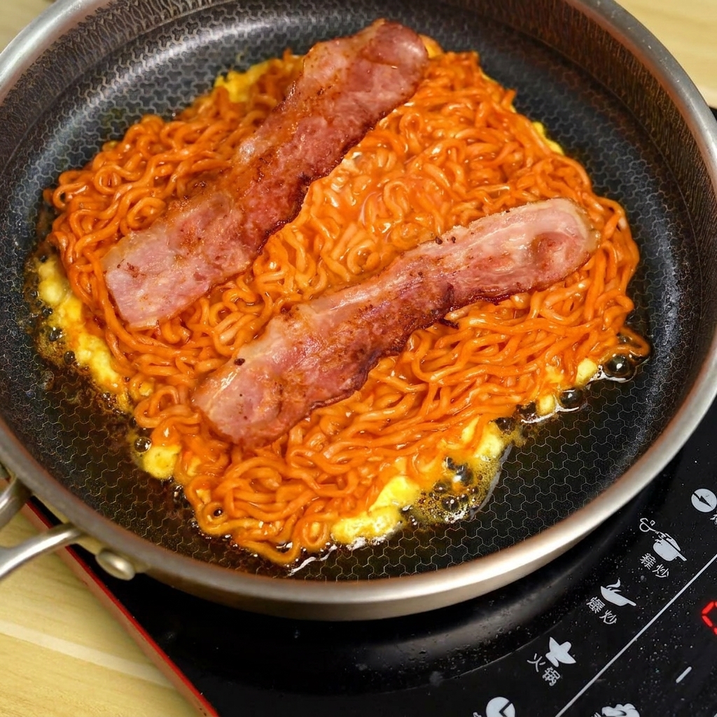Dos tiras de tocino crujiente colocadas sobre los fideos y el huevo en la sartén.
