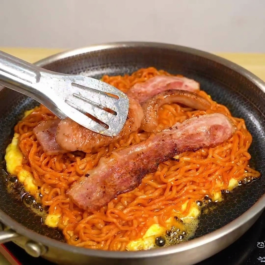 Una rebanada de queso amarillo siendo colocada sobre el tocino y los fideos.