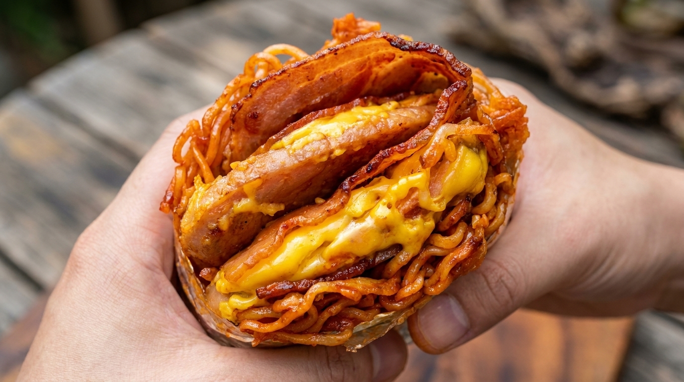 Rollo de Fideos Picantes con Huevo y Tocino