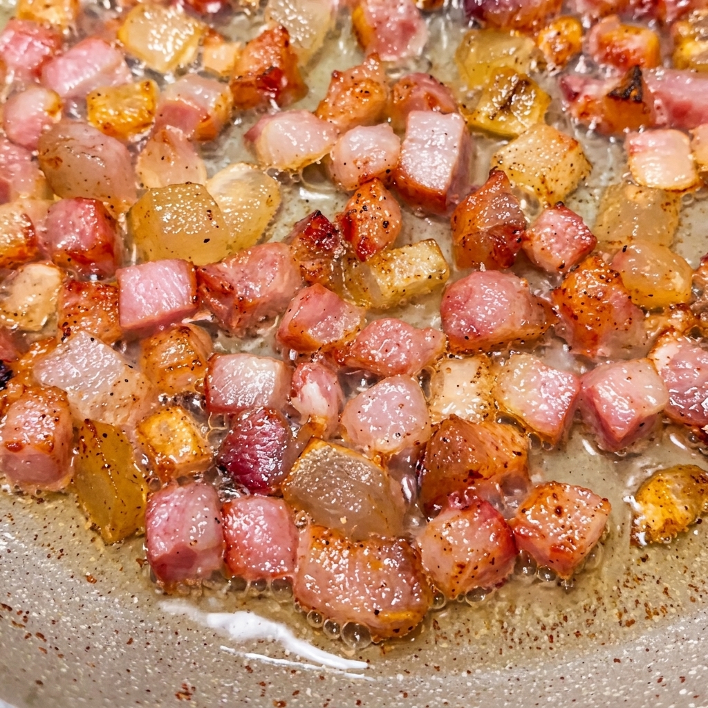 Dados de bacon dorados y crujientes friéndose en su propia grasa.