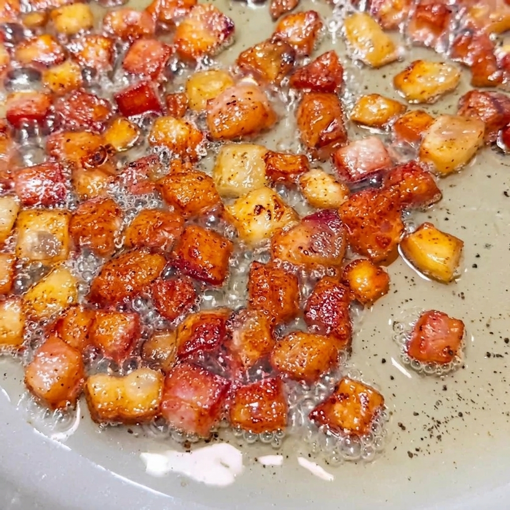 Trozos de bacon crujiente separados de la grasa líquida mediante un colador.