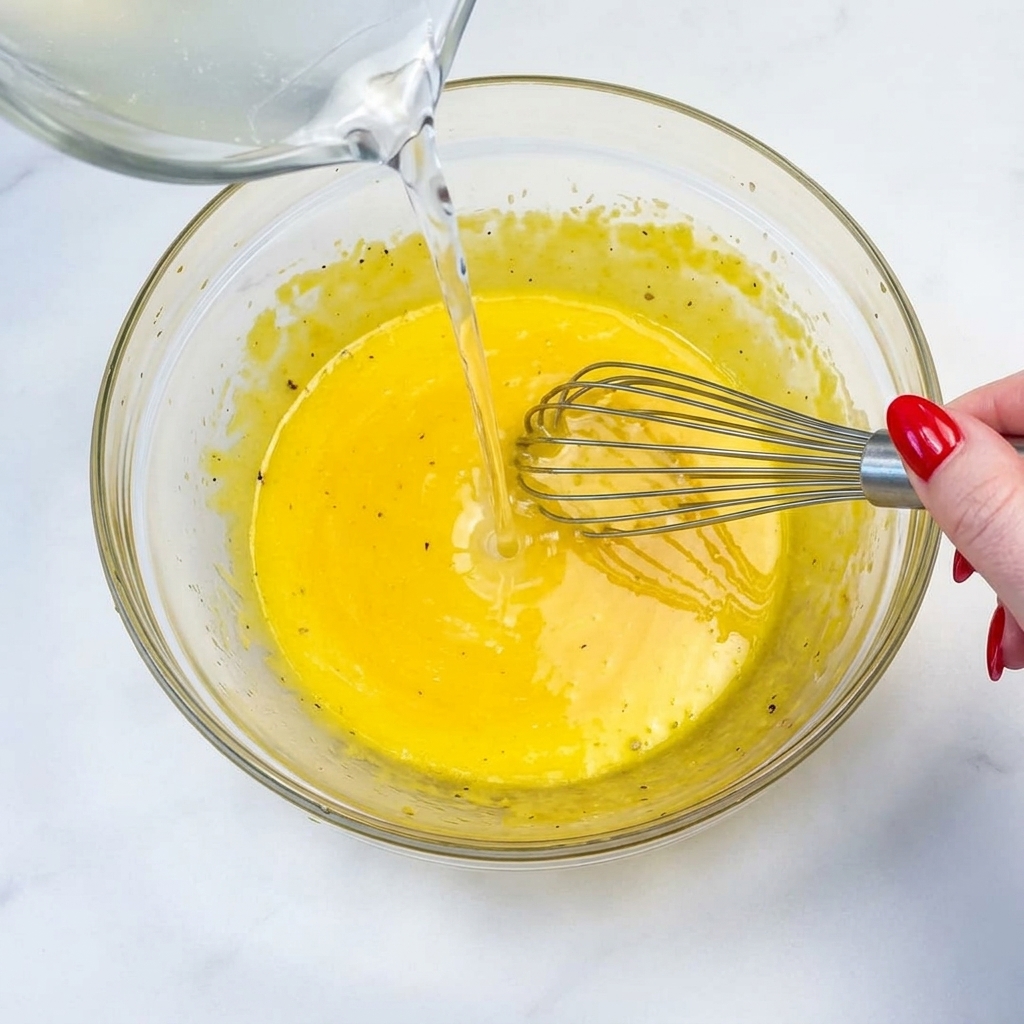 Agua caliente de pasta siendo batida en el bol de huevos y queso.