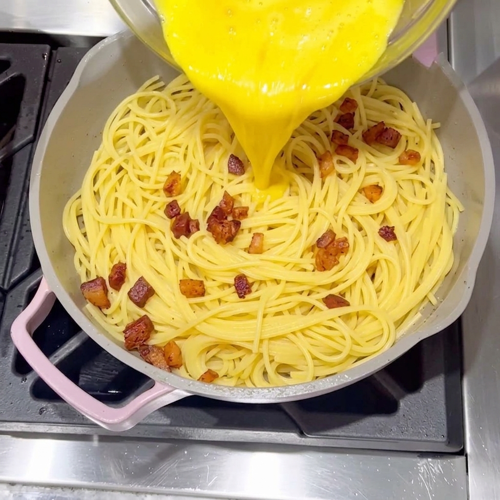 Salsa cremosa de huevo y queso vertida sobre la pasta en la sartén.