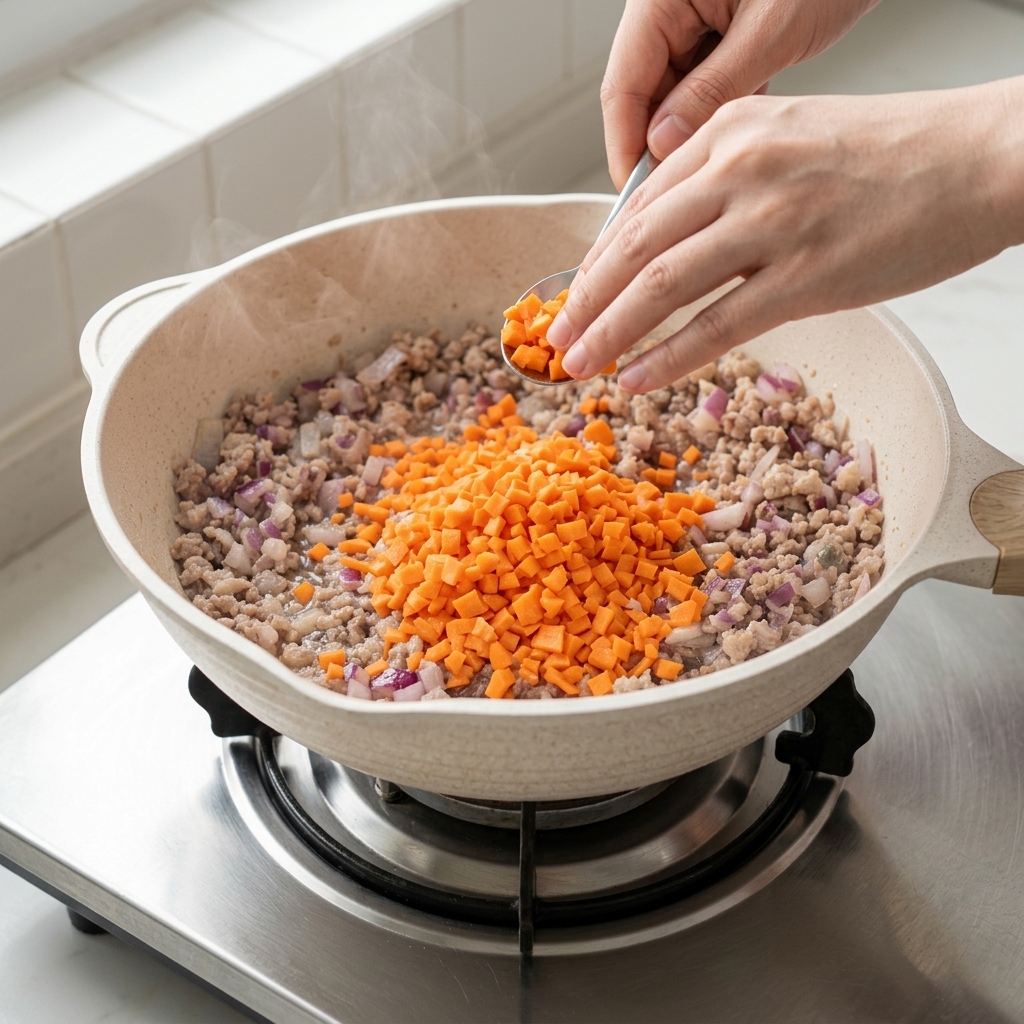Zanahorias picadas siendo añadidas a una sartén que contiene carne dorada y cebollas.