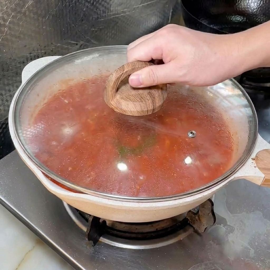 Apio picado siendo añadido a una sartén que contiene una mezcla de carne dorada, cebollas y zanahorias.