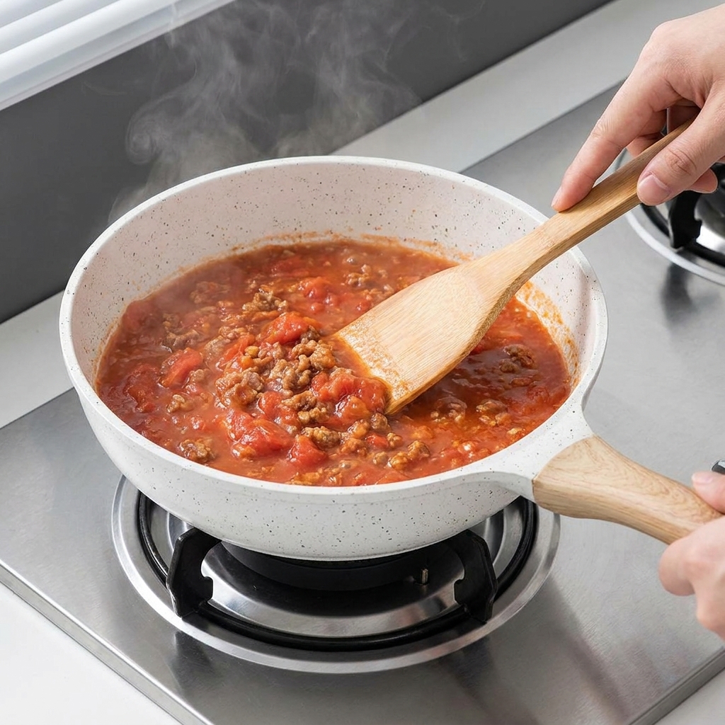 Pasta de tomate siendo vertida desde un tubo a una sartén con carne y verduras salteadas.