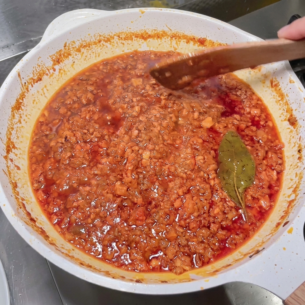 Vino tinto siendo vertido desde una cuchara a una sartén caliente que contiene la mezcla de carne y verduras.