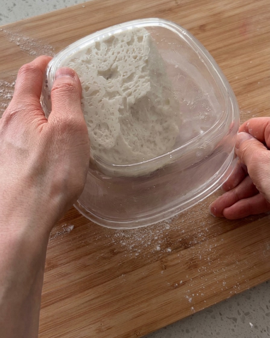 Masa de pizza siendo presionada y marcada con los dedos sobre una tabla de cortar de madera.