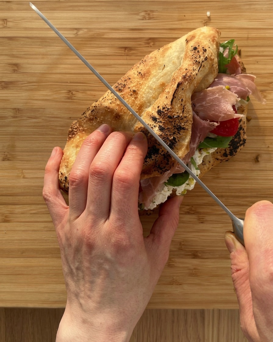 Un cuchillo de sierra cortando el sándwich ensamblado sobre una tabla de madera.
