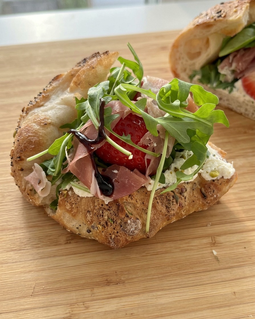 Un glaseado balsámico oscuro siendo rociado sobre un sándwich fresco relleno de prosciutto, fresas y rúcula.