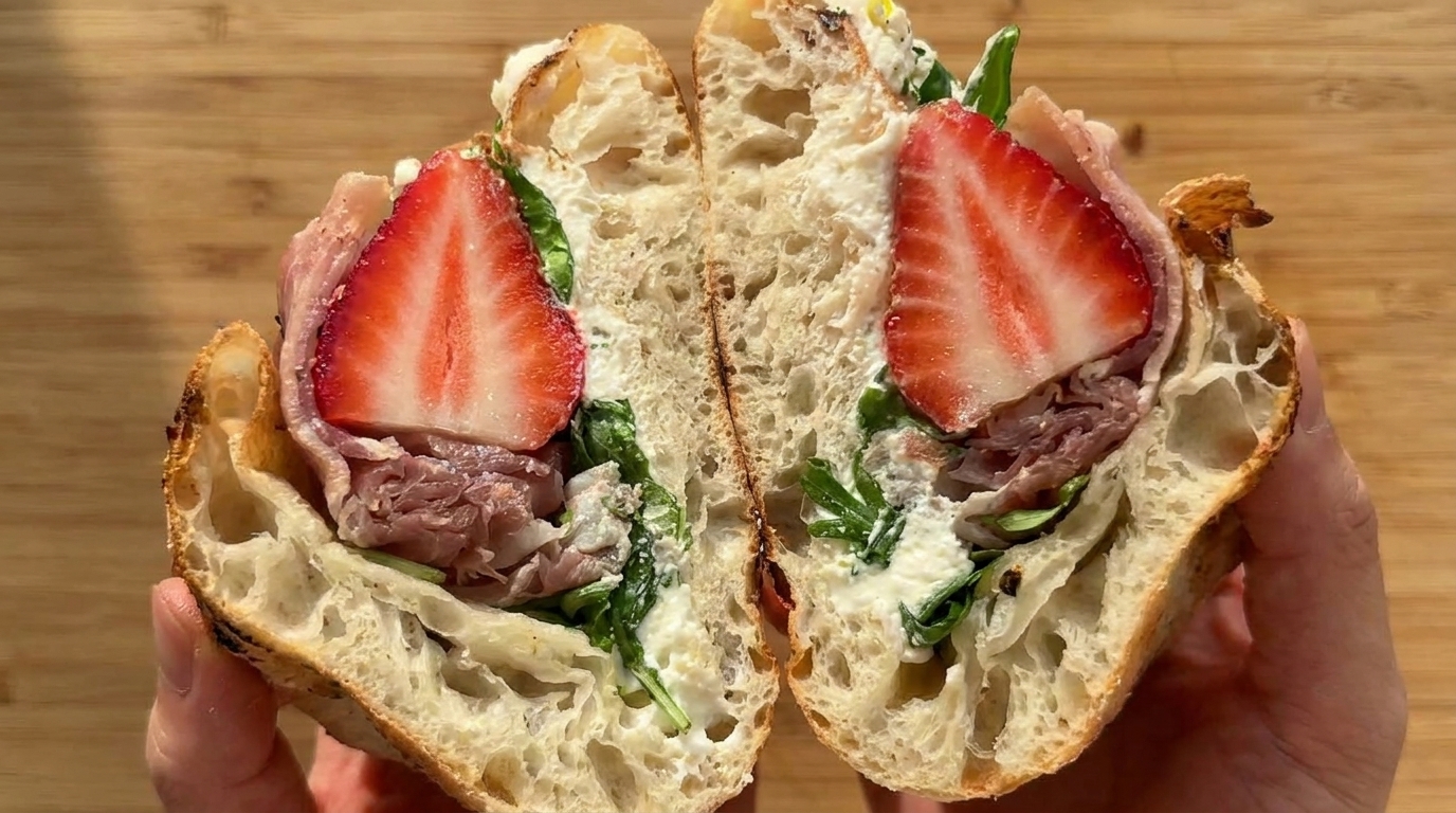 Un corte transversal vibrante de un sándwich de pizza plegado que muestra capas de fresas, ricotta, prosciutto y rúcula.