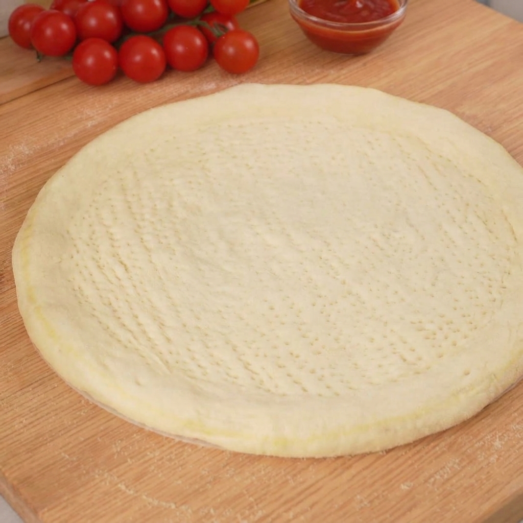 Un cucharón extendiendo salsa de tomate roja sobre la base de masa cruda.