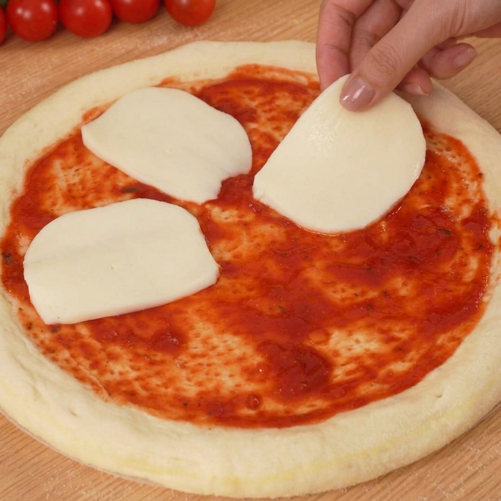 Base de pizza con salsa, cubierta con trozos de mozzarella blanca y tomates cherry cortados.