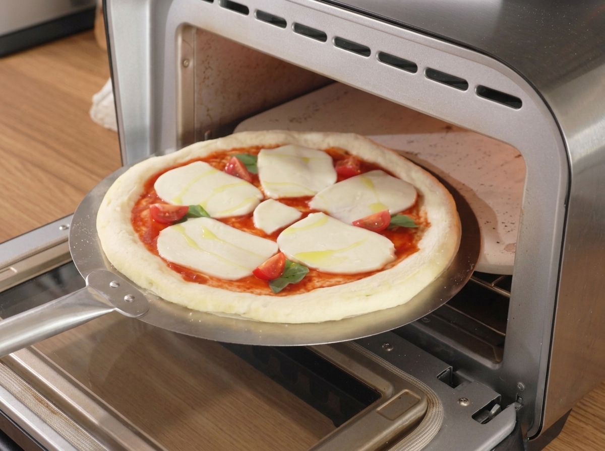 Una pala metálica introduciendo la pizza preparada en un horno caliente.