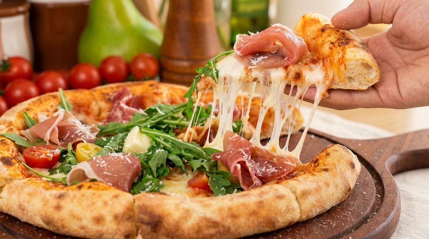 Pizza artesanal de jamón de Parma y rúcula
