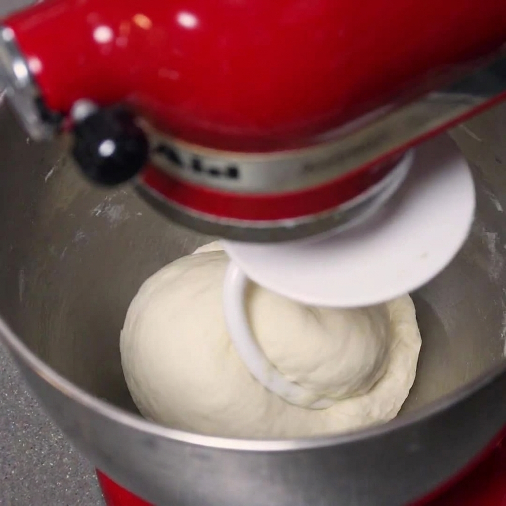 Una bola de masa de pizza lisa siendo amasada por el gancho de una batidora de pie.