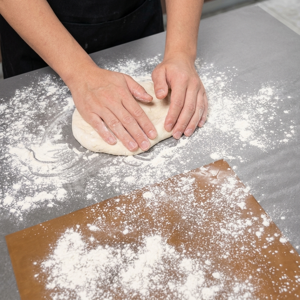 Manos estirando una bola de masa de pizza en una encimera enharinada para crear la base.