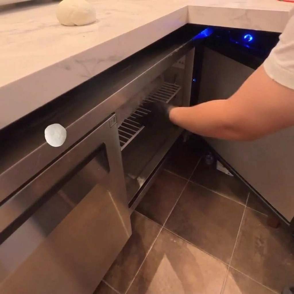 Una bola de masa de pizza fermentada sobre una encimera blanca cerca de un refrigerador.