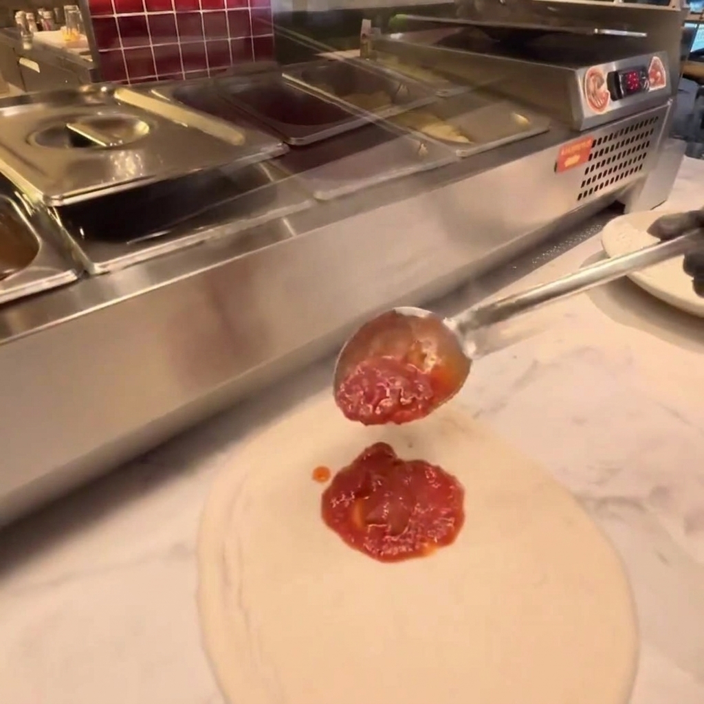 Salsa de tomate siendo extendida sobre una masa de pizza estirada con un cucharón de acero inoxidable.