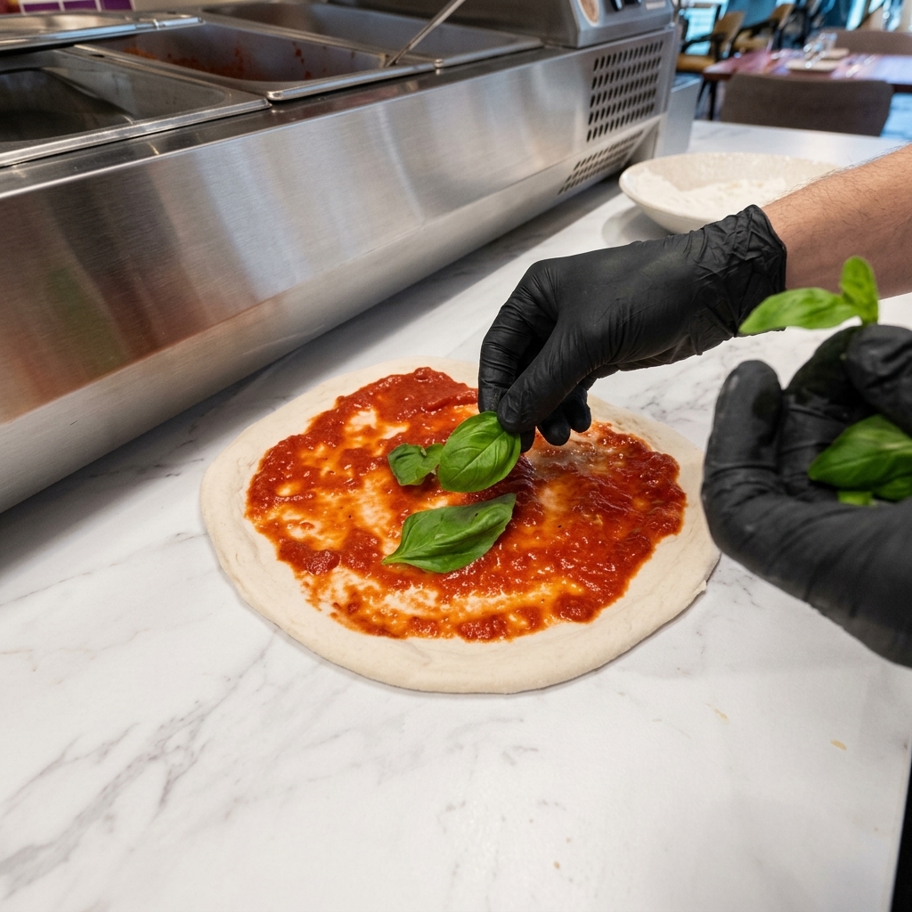 Hojas de rúcula verde fresca siendo colocadas sobre una masa de pizza con salsa de tomate.