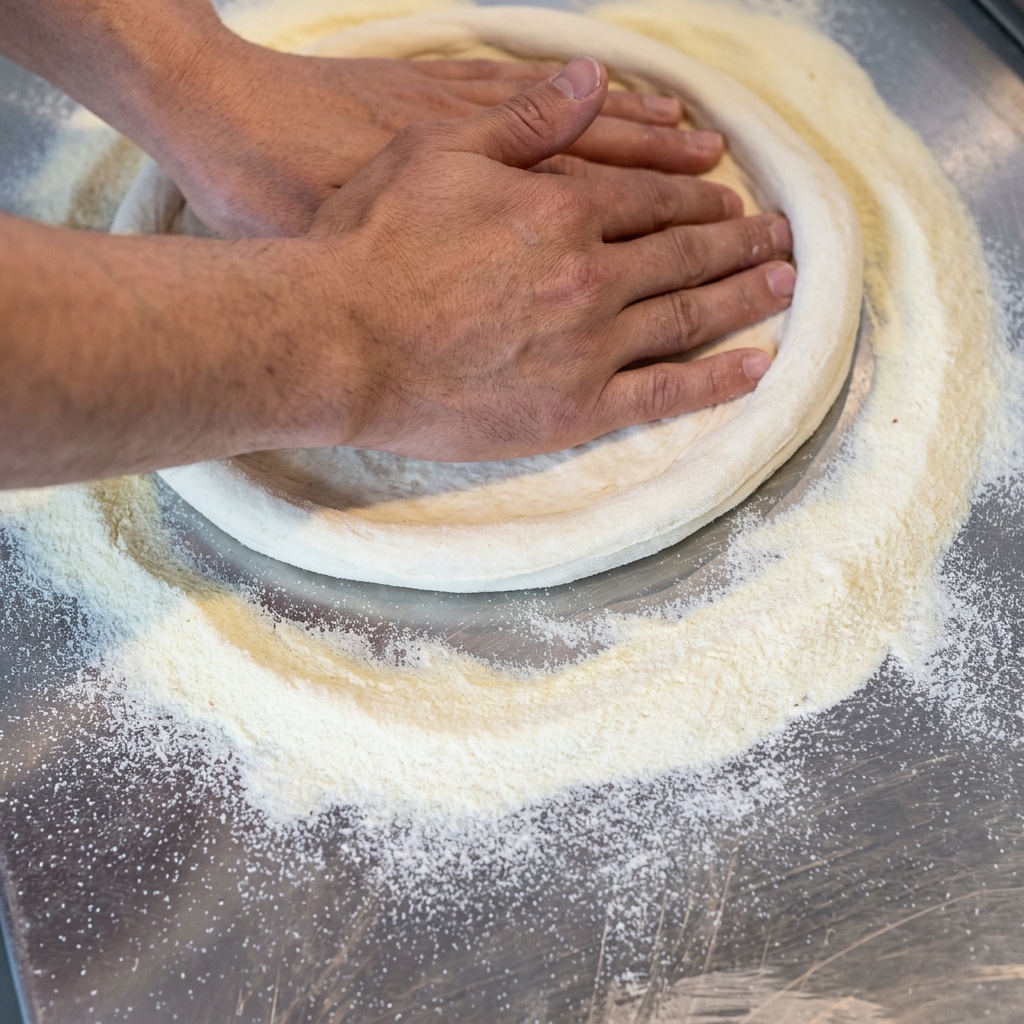 Primer plano de unas manos presionando y estirando la masa de pizza sobre una mesa de metal enharinada.