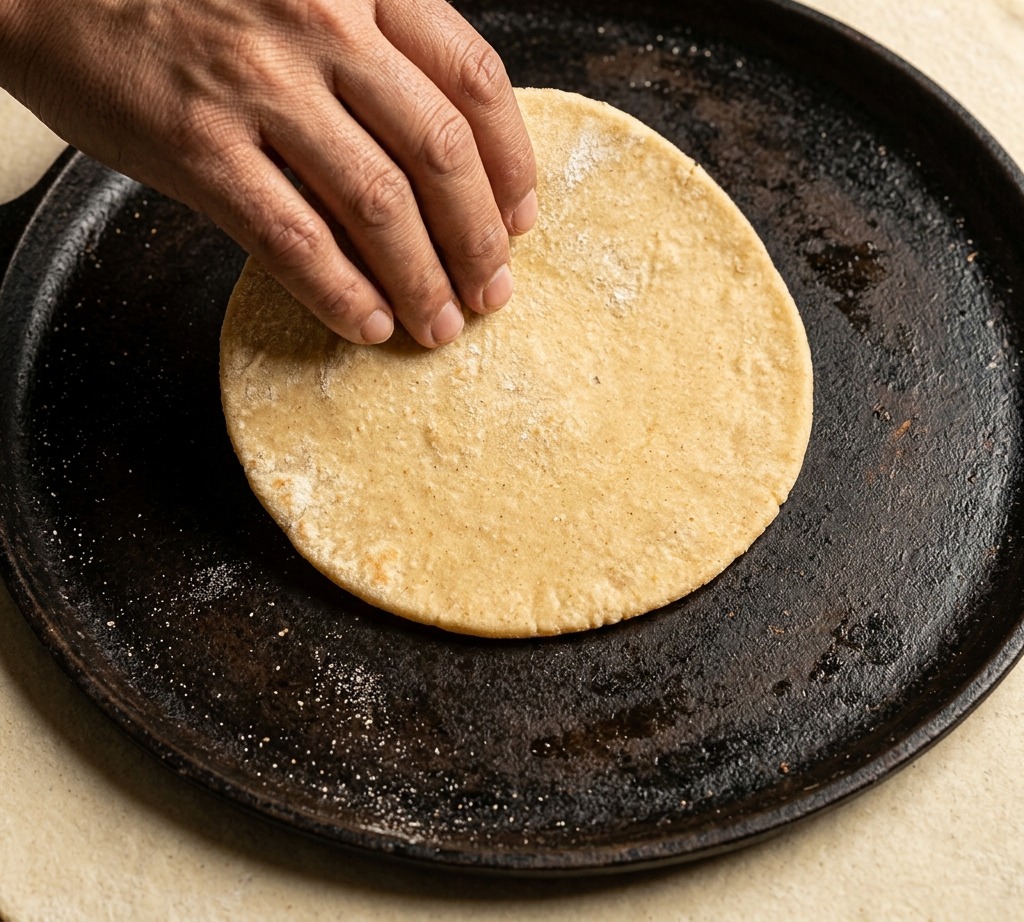 Plano general que muestra unas manos estirando expertamente la base circular de masa de pizza sobre la mesa de acero inoxidable.