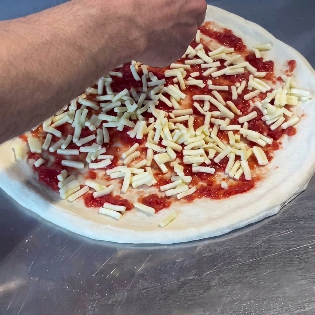 Queso rallado siendo espolvoreado sobre la base de salsa de tomate en la masa de pizza.