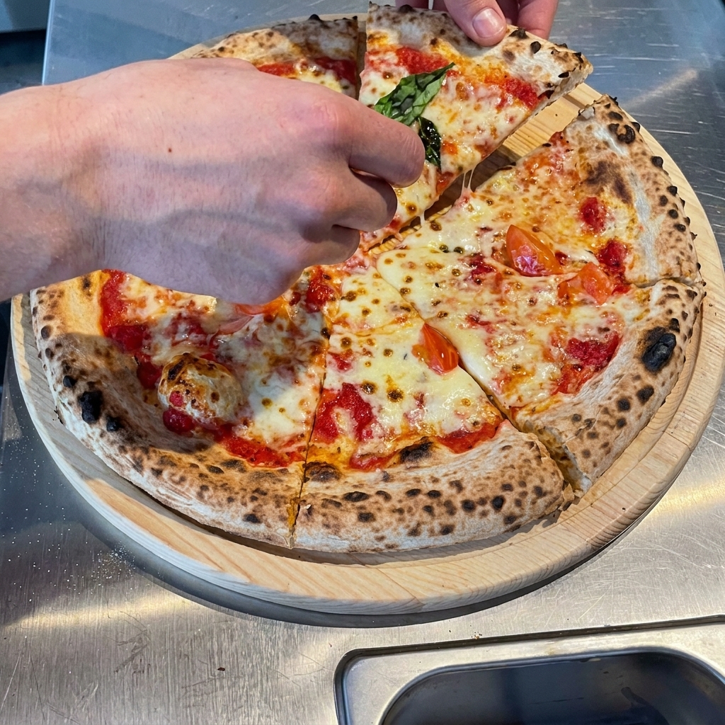 Hojas verdes y frescas de rúcula colocadas sobre la masa de pizza caliente recién horneada.