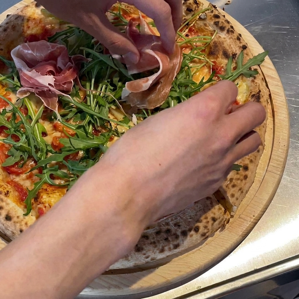 Finas y delicadas lonchas de prosciutto siendo colocadas sobre la pizza como toque final.