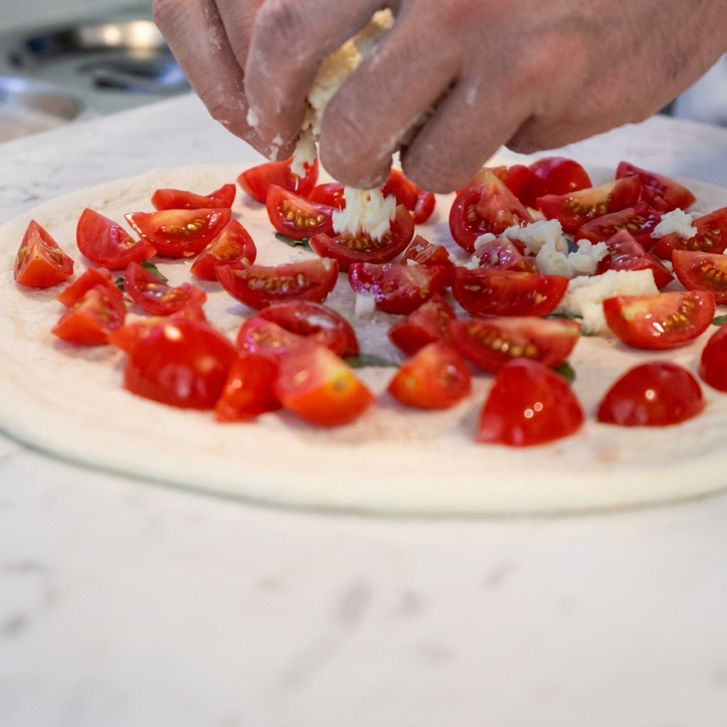 Queso mozzarella esparcido uniformemente sobre la base de pizza con tomate.