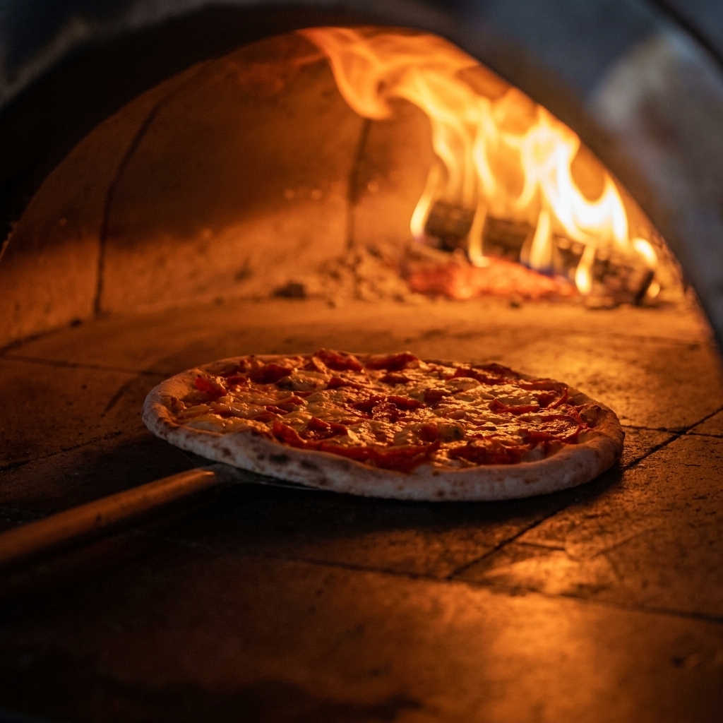 Una pizza horneándose dentro de un horno de leña, siendo rotada con una pala metálica larga.