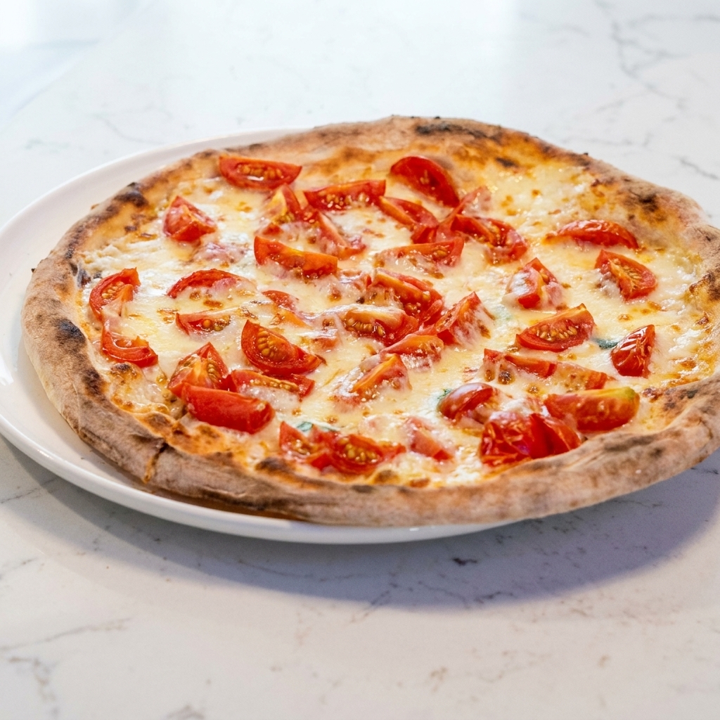 Una pizza recién horneada siendo cortada sobre una superficie de mármol con una rueda cortadora de acero inoxidable.