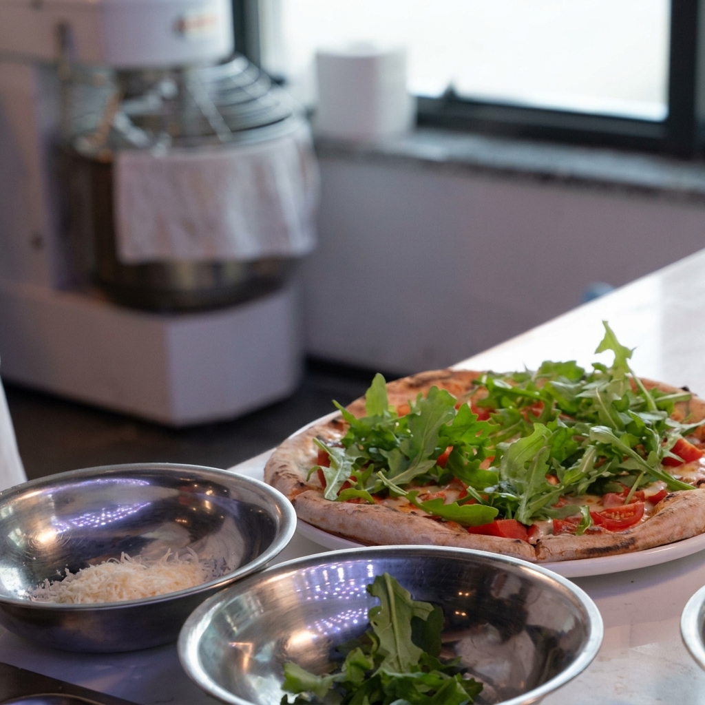 Rúcula verde fresca colocada sobre una pizza horneada y cortada.