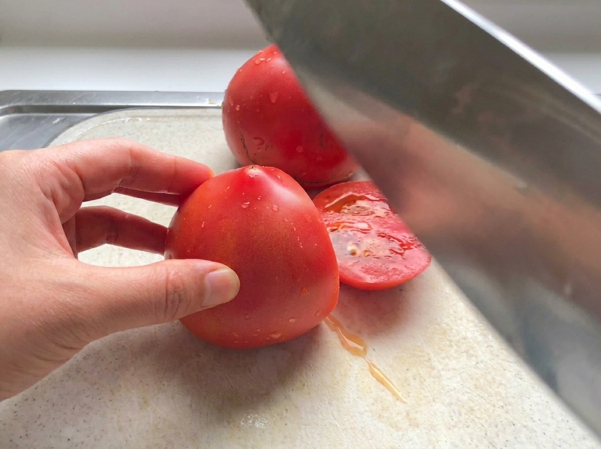 Cortando tomates rojos frescos en trozos sobre una tabla de cortar blanca con un cuchillo grande.