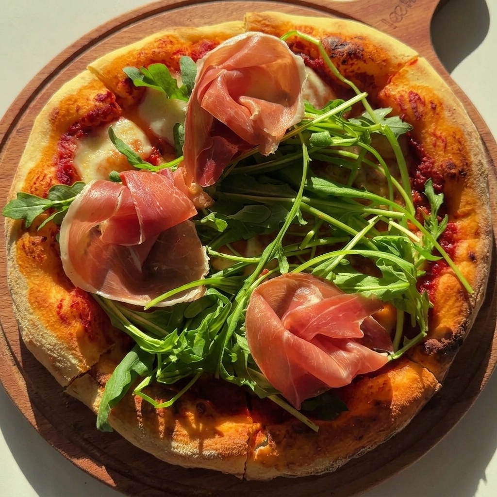 Una pizza caliente horneada sobre una tabla de madera, coronada con rúcula verde fresca y rodajas de jamón de Parma plegadas.